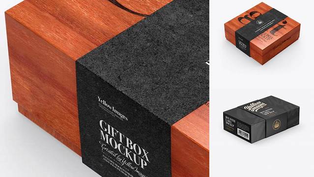 6112+ Red Wooden Box with Label PSD Mockup Half Side View High-Angle Shot PSD Free Download