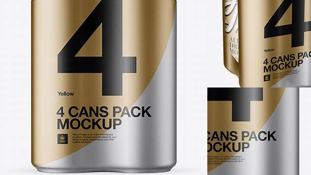 614+ 4 Cans in Matte Metallic Shrink Wrap PSD Mockup Front View Customizable Layered Design PSD