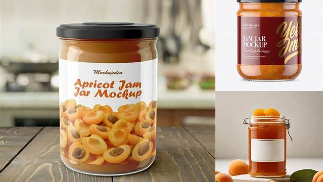 614+ Clear Glass Jar with Apricot Jam PSD Mockup High-Angle Shot Professional PSD Mockup