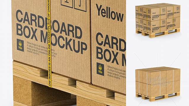 6149+ Wooden Pallet With 8 Cardboard Boxes PSD Mockup Halfside View Smart Layer PSD