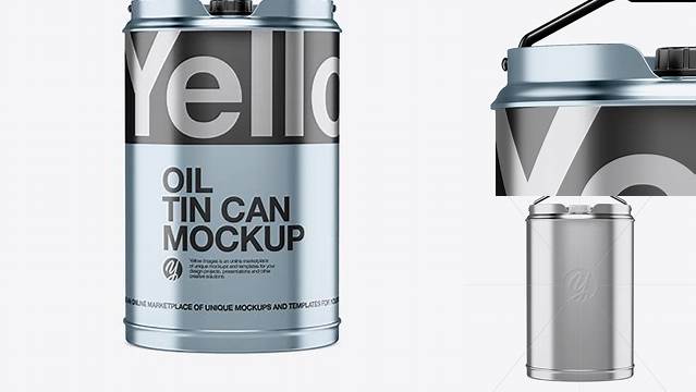 6165+ Matte Metallic Oil Tin Can PSD Mockup Front View Customizable Photoshop Template