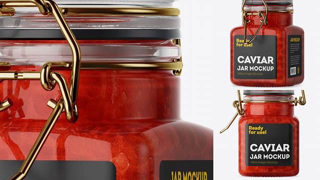 6171+ 100ml Glass Red Caviar Jar with Clamp Lid PSD Mockup Half Side View High-Angle Shot Advanced Editable PSD