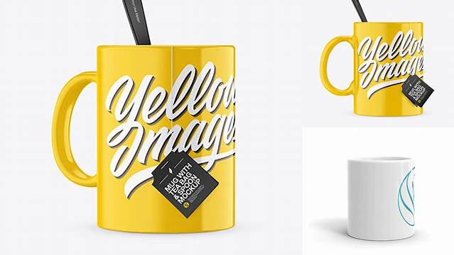 6179+ Glossy Mug With Tea Bag & Spoon PSD Mockup High-Angle Shot Creative Design Mockup