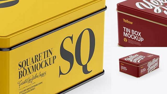 6184+ Glossy Tin Box PSD Mockup Half Side View High Angle Shot Custom Graphic Resource Free Download