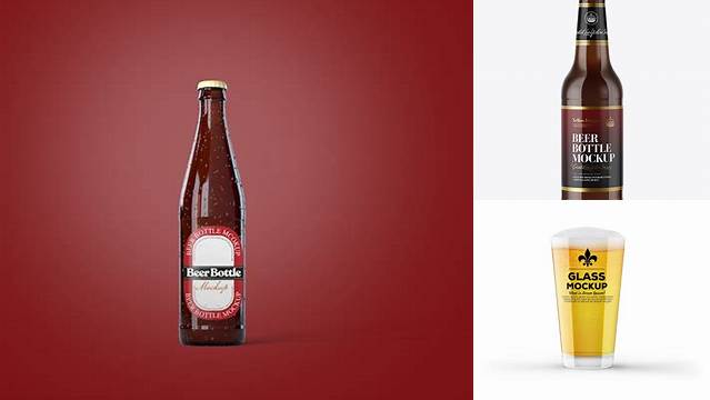 619+ Glass Amber Bottle with Lager Beer PSD Mockup Unique High-Resolution PSD