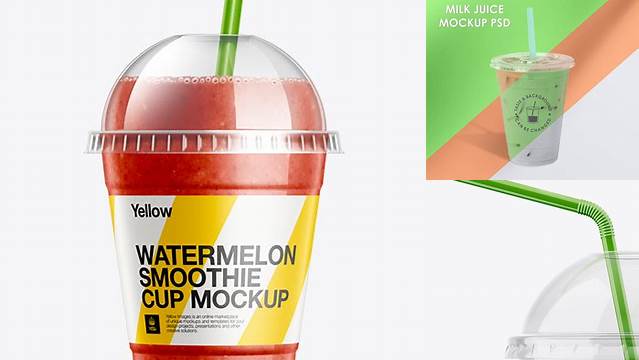 6195+ Plastic Cup with Watermelon Smoothie and Straw PSD Mockup Free Downloadable Graphic Resource