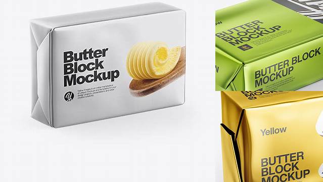 6196+ Metallic Butter Block PSD Mockup Half Side View High-Angle Shot Creative PSD Resources