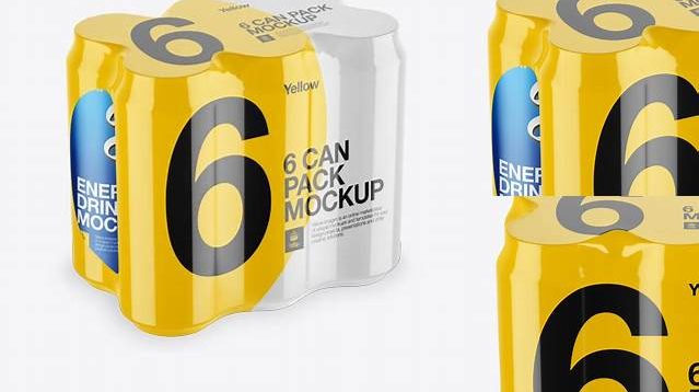 6199+ Pack with 6 Alminium Cans PSD Mockup Half Side View High-Angle Elegant High-Resolution Design File