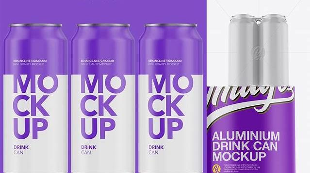 6204+ Pack with 4 Matte Cans with Plastic Holder PSD Mockup Front View Smart Design Template Free