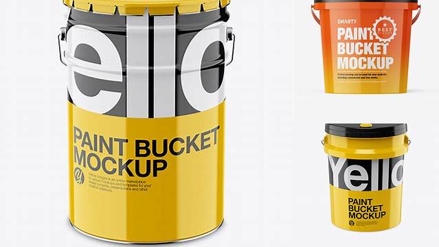 6223+ Glossy Paint Bucket PSD Mockup Front View High-Angle Shot Exclusive PSD Design Freebie