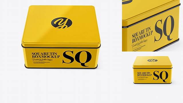 6235+ Glossy Square Tin Box PSD Mockup High-Angle Shot High-End Creative PSD Template