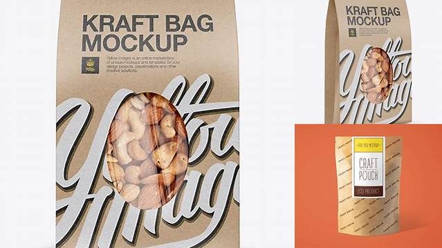 6237+ Kraft Stand-Up Pouch with Nuts PSD Mockup Front View Smart Object Free Photoshop File