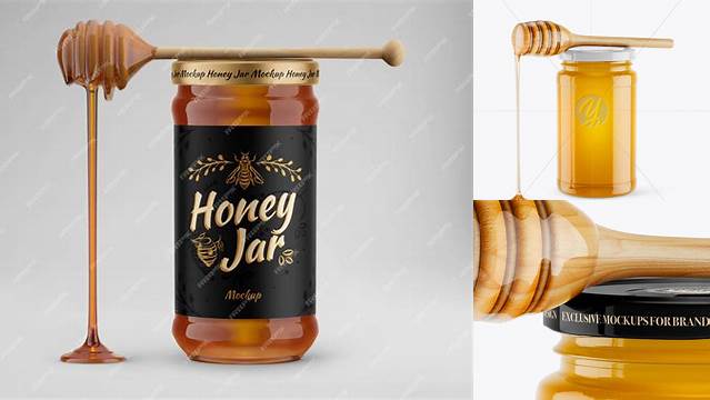 6242+ Honey Jar With Spoon PSD Mockup Front View High-Angle Shot Premium Design Freebie