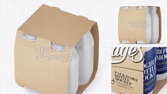 6282+ 4 Kraft Pack Glossy Dairy Bottle PSD Mockup Halfside View High Angle High-Resolution Editable PSD