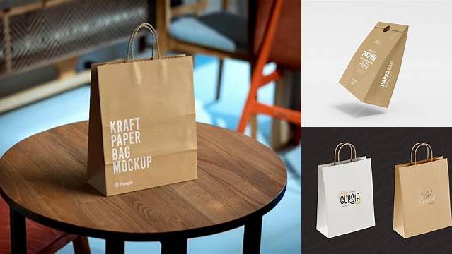 6297+ Flat Bottom Kraft Paper Bag PSD Mockup / Front 3/4 View Elegant Design Mockup PSD