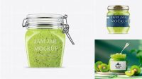 630+ Glass Kiwi Jam Jar PSD Mockup High-Angle Shot Free Mockup Templates