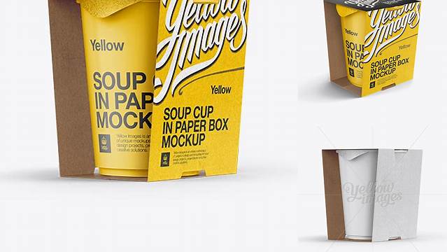 6316+ Soup Cup in Paperboard Box PSD Mockup / Front 3/4 View Eye-Level Shot Exclusive Layered PSD Mockup