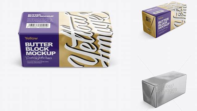 6325+ 250g Butter Block In Metallic Foil Wrap PSD Mockup Halfside View High-Angle Shot Exclusive Free Photoshop Asset