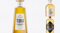 6346+ Gold Tequila Bottle with Wooden Cap PSD Mockup Customizable Photoshop Template