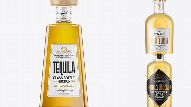 6346+ Gold Tequila Bottle with Wooden Cap PSD Mockup Customizable Photoshop Template