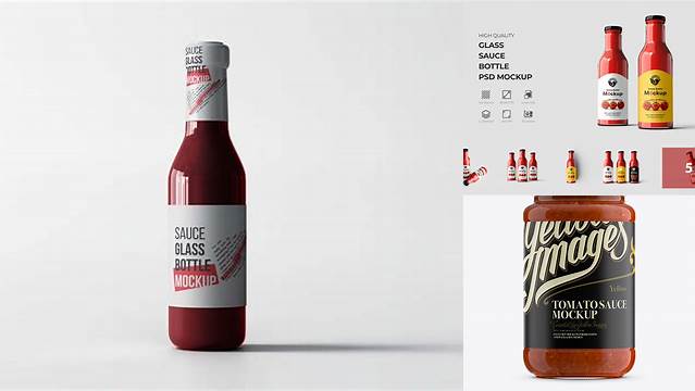 6351+ Glass Jar with Sauce PSD Mockup Half Side View Free PSD