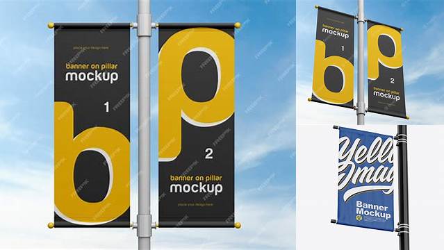 6359+ Matte Banner on Pillar PSD Mockup Front View Advanced Photoshop Template