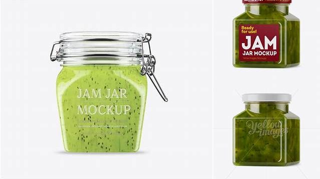 6365+ Glass Kiwi Jam Jar PSD Mockup Halfside View Elegant and Versatile PSD Resource