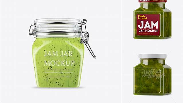 6365+ Glass Kiwi Jam Jar PSD Mockup Halfside View Elegant and Versatile PSD Resource