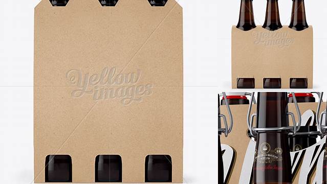 6369+ Kraft Paper 6 Pack Amber Bottle Carrier PSD Mockup Halfside View Customizable Design Files