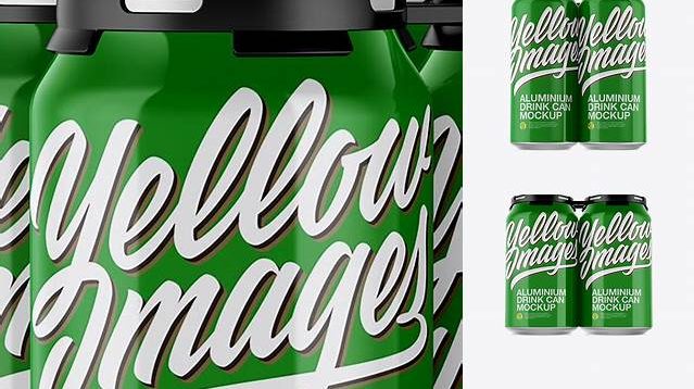 6370+ Pack with 4 Glossy Cans with Plastic Holder PSD Mockup Half-Side View Download Free PSD