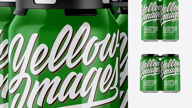 6370+ Pack with 4 Glossy Cans with Plastic Holder PSD Mockup Half-Side View Download Free PSD