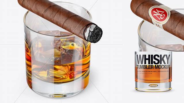 6372+ Whisky Tumbler Glass with Cigar PSD Mockup Premium Design Freebie