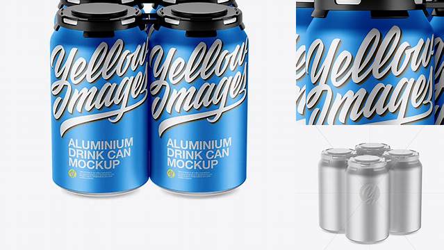 6374+ Pack of 4 Matte Metallic Cans with Plastic Holder PSD Mockup Half Side View Fully Customizable Photoshop Freebie