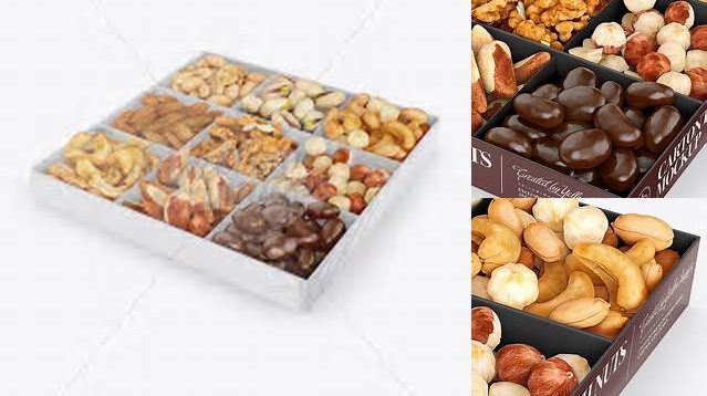 6375+ Carton Square Tray with Nuts PSD Mockup Halfside View High Angle Exclusive Free Photoshop Mockup