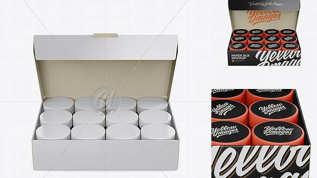 6392+ Opened Paper Box With Plastic Jars PSD Mockup Front View High Angle Shot Fully Editable Photoshop PSD Free Download