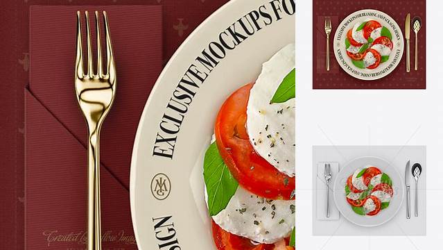 6395+ Plate with Caprese Salad and Cutlery PSD Mockup Top View High-Quality Design Free PSD