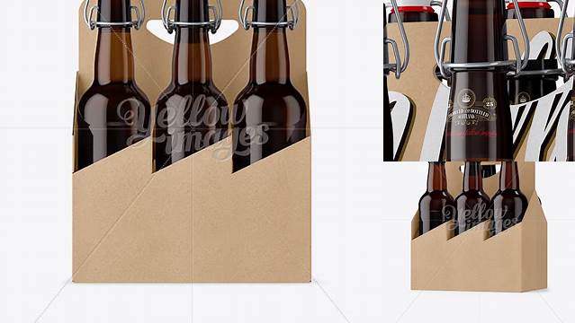 6429+ Kraft Paper 6 Pack Amber Bottle Carrier PSD Mockup Halfside View High-Angle Shot High-Quality Digital Mockup Resource