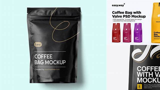 6478+ Matte Coffee Bag With Valve PSD Mockup Hero Shot Free Downloadable Graphic Resource