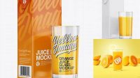 6498+ 1L Carton Pack With Orange Juice Glass PSD Mockup Halfside View Include TIFF