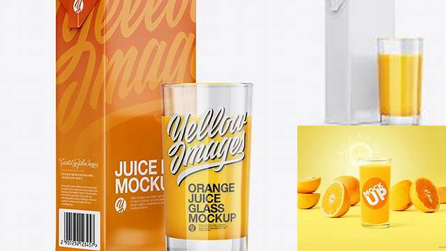 6498+ 1L Carton Pack With Orange Juice Glass PSD Mockup Halfside View Include TIFF