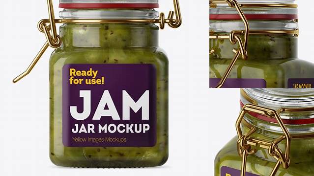 6501+ 100ml Glass Kiwi Jam Jar with Clamp Lid PSD Mockup Half Side View High-Angle Shot Download Now Free PSD Template