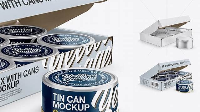 6515+ 5oz Cans Box with One Can Outside PSD Mockup Half Side View Versatile and Elegant PSD File