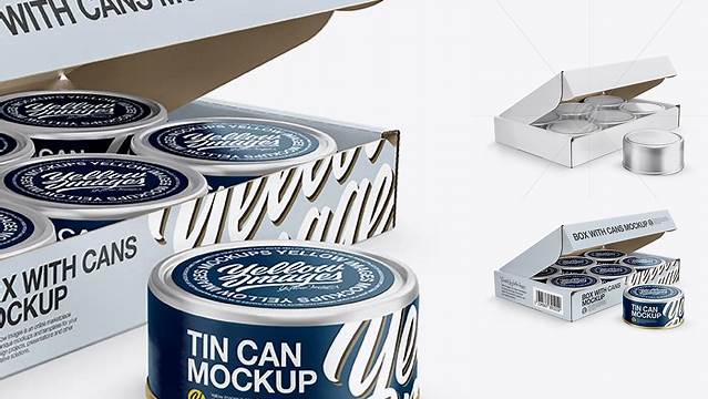 6515+ 5oz Cans Box with One Can Outside PSD Mockup Half Side View Versatile and Elegant PSD File