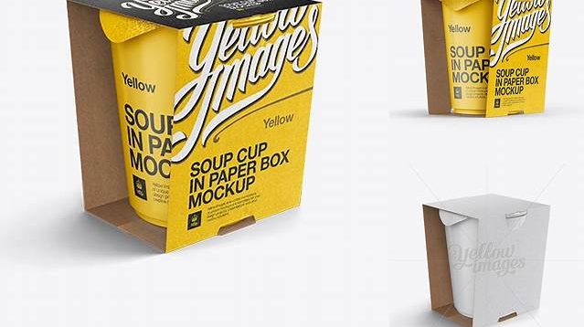 6525+ Soup Cup in Paperboard Box PSD Mockup / Front 3/4 View Eye-Level Shot Download Premium PSD Resource