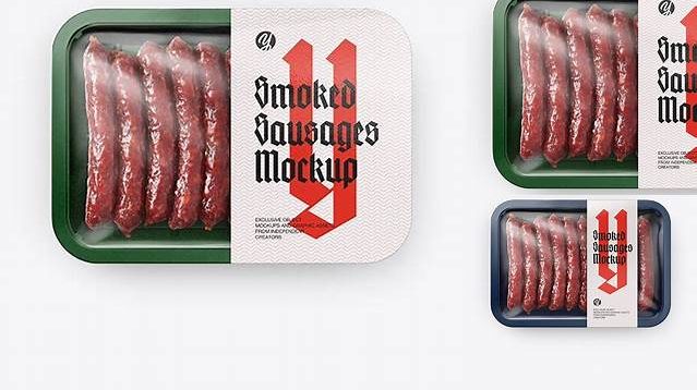 6554+ Plastic Tray With Smoked Sausages PSD Mockup Top View For Free Download