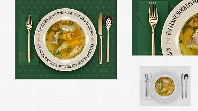 6621+ Plate with Fish Soup and Cutlery PSD Mockup Top View Photoshop Freebie