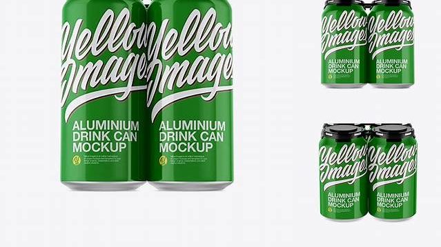 6634+ Pack with 4 Glossy Cans with Plastic Holder PSD Mockup Front View Smart PNG Image