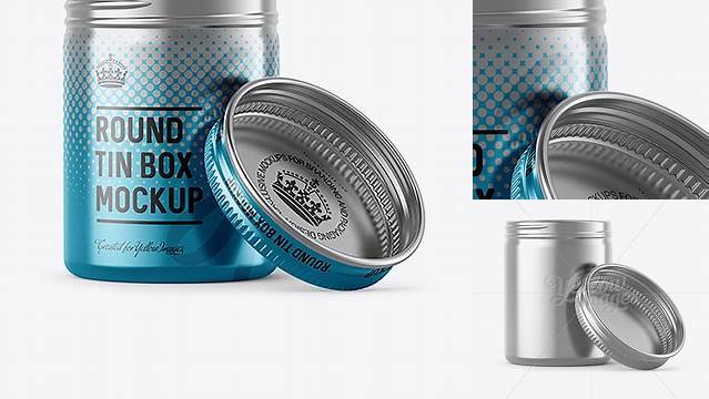 6651+ 100ml Open Metallic Round Tin Box PSD Mockup Front View Digital Resource Free Download