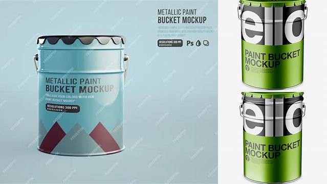 6701+ Metallic Paint Bucket PSD Mockup Front View High Angle Shot Customizable Photoshop Template