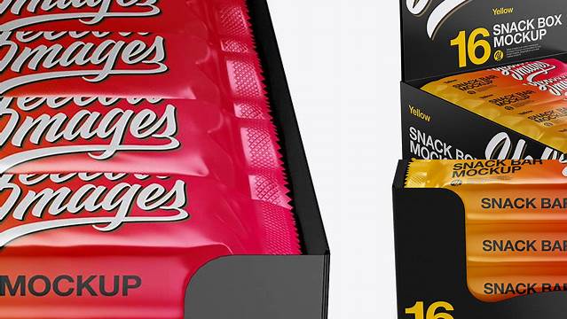 6710+ 16 Snack Bars Glossy Display Box PSD Mockup Half Side View High-Angle Shot Advanced Editable Template Free